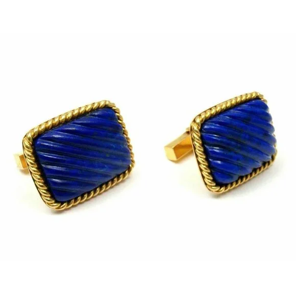 Tiffany & Co. 18k Yellow Gold Large Lapis Lazuli Rope Bordered Gold Cufflinks​ - Picture 2 of 6